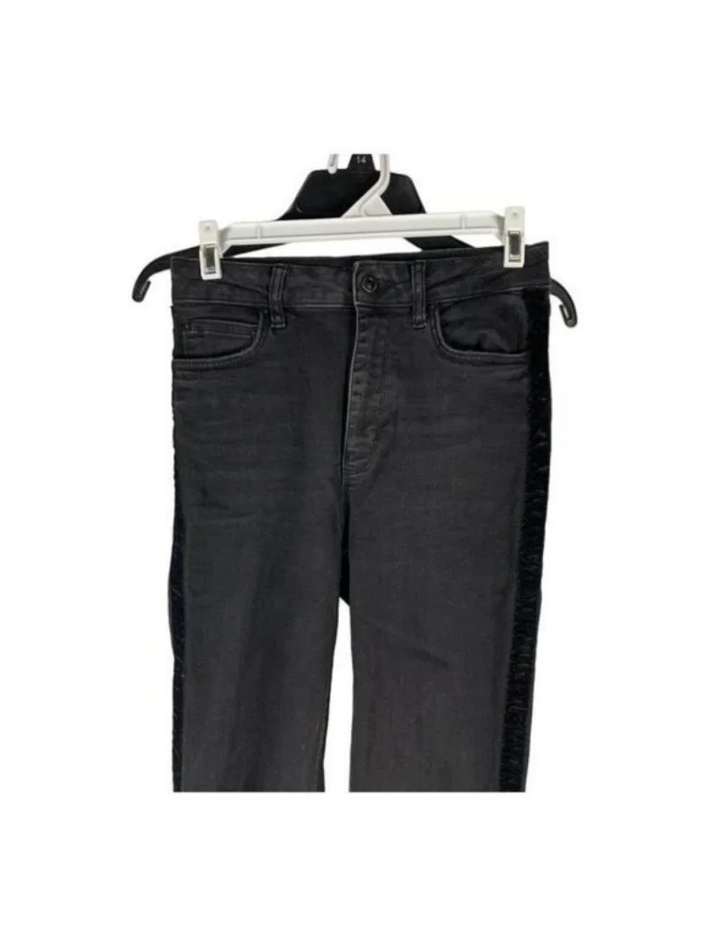 Zara Women Premium Denim Black Velvet Stripe Skinny Jeans Size 24 Stretchy